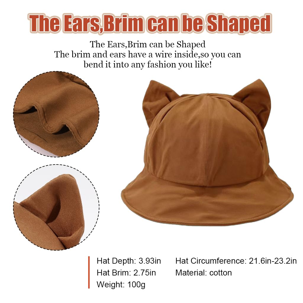 PALAY Bucket Hat for Women and Girls Cute Cat Ear Cap for Women Summer Breathable Wide Brim Sun Hats for Women Brown Beach Hat Adjustable Fisherman Bucket Hat for Travel, Camping, Daily Activities