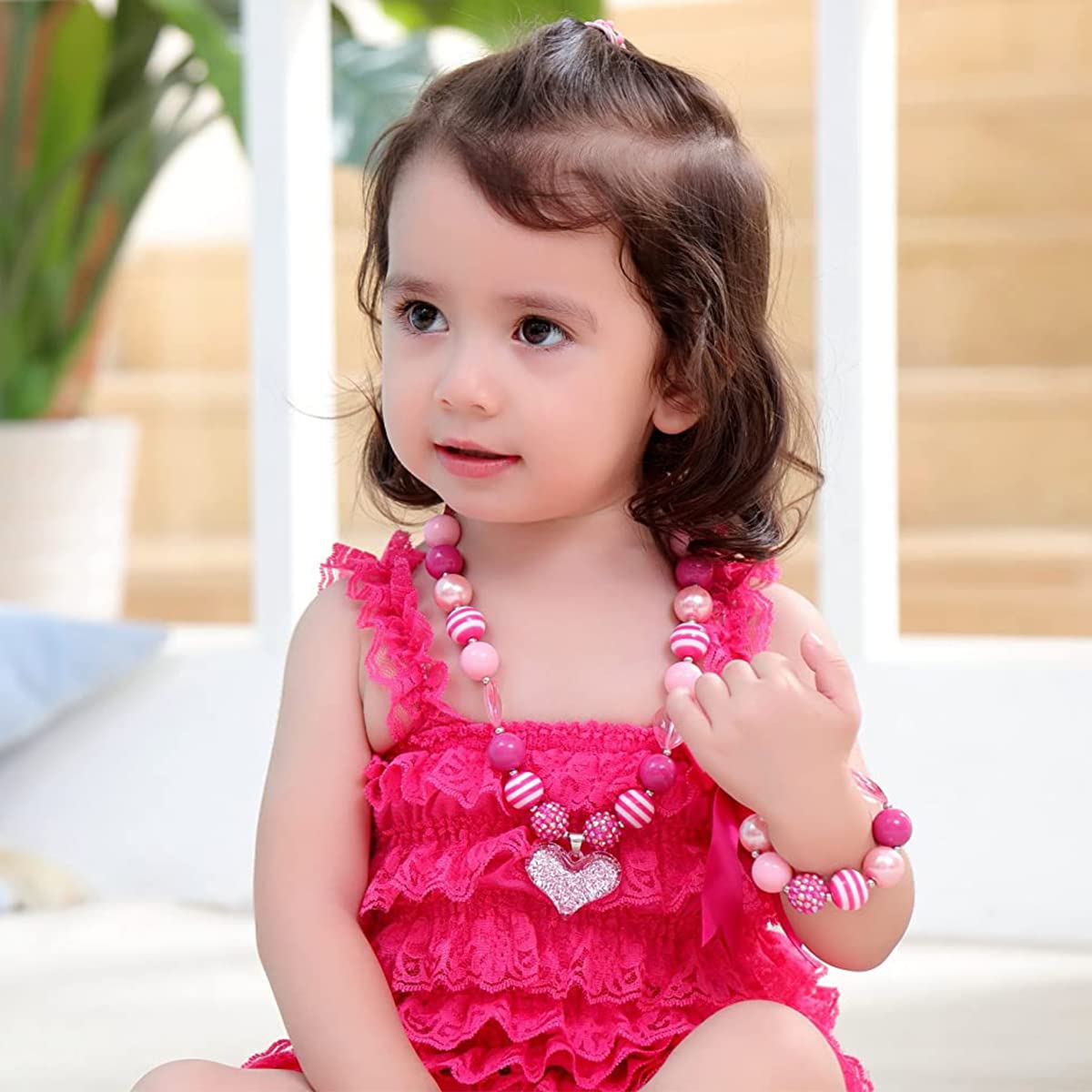 SANNIDHI 2 Pcs Set Necklace Bracelet for Girls, Lovely Stretchy Bead Bracelet Heart Charm Necklace for Girls Toddlers Kids Princess Dress Up Jewelry Gift Party Favor