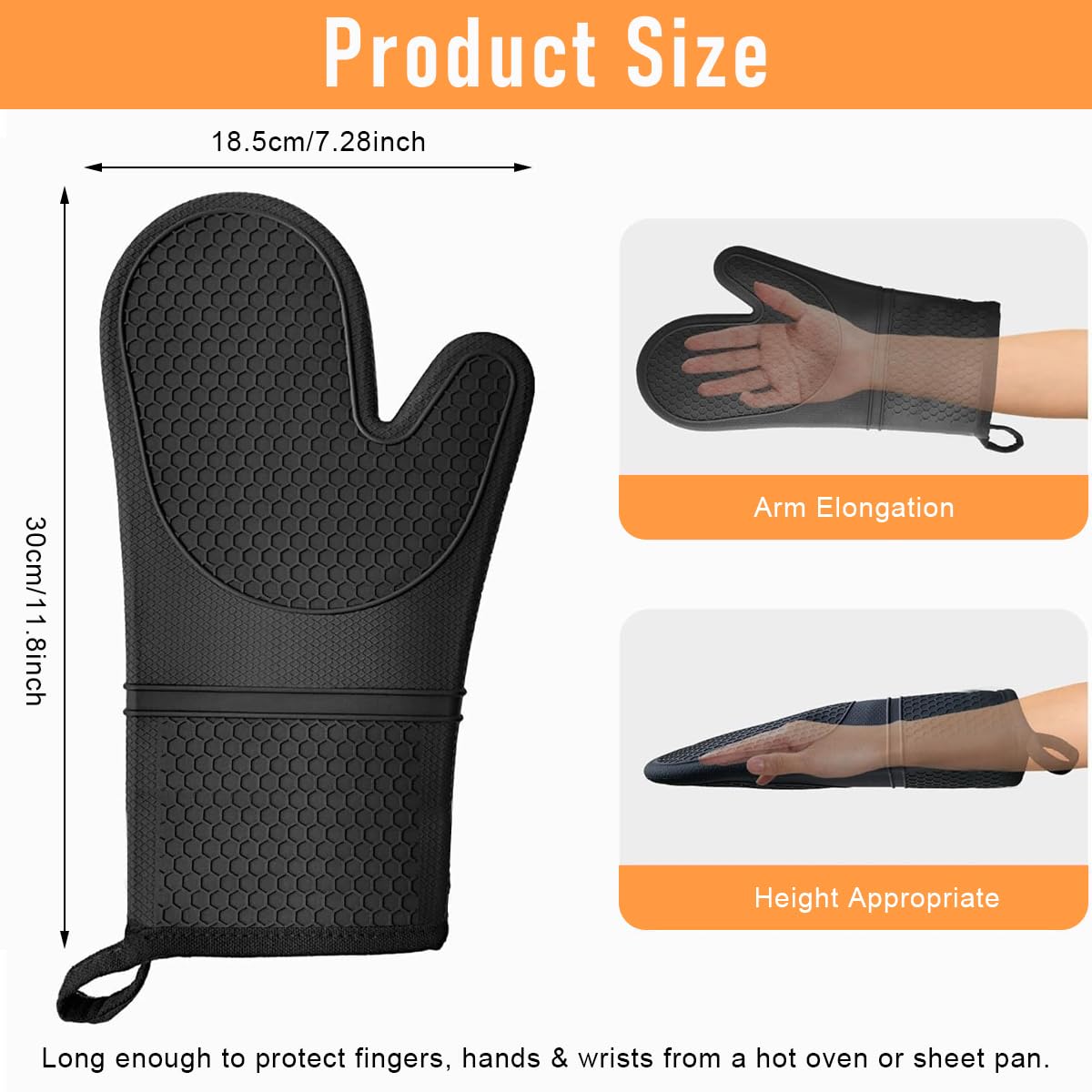 HASTHIP 1 Pair Oven Mitts Black Silicone Thermal Oven Mitts with Thicken Cotton Lining Insulation Oven Mitts Anti-Slip Palm Texture Design Kitchen Waterproof Oven Mitts with Hanging Loop