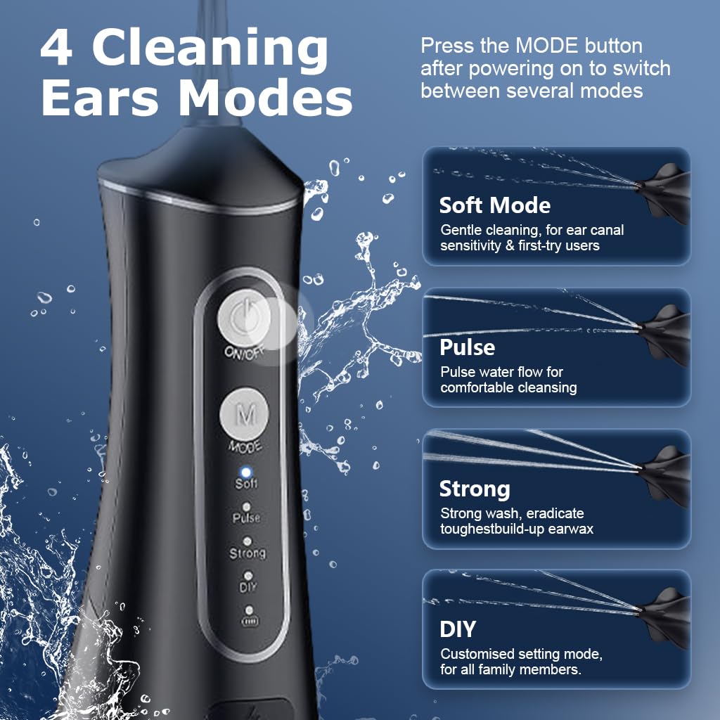 HANNEA Electric Ear Canal Cleaner Device USB Canal Rinsing Device with 4 Modes, Electric Ear Irrigation Device with 4 Attachable Tips Earwax Removal Device for Adults, Kids, Elders