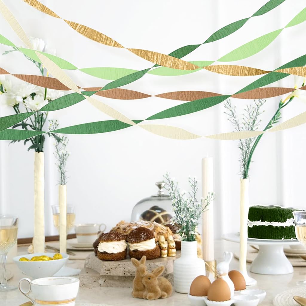 HASTHIP 5 Rolls Party Decorations Paper Streamers - Green & Gold Crinkle Paper for Camp Bachelorette, Baby Shower, Wedding, Bridal Shower, Engagement Party Supplies Décor, 1.7 inches x 82 ft Per Roll