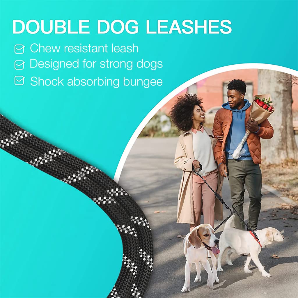 Qpets Double Dog Leash, Durable Reflective Dog Leash, Soft Paded Handle, Retractable Dogs Leash Anti-Strain Leash Braided Rope No Tangle Dog Leash for Small Medium Large Dogs(Black)