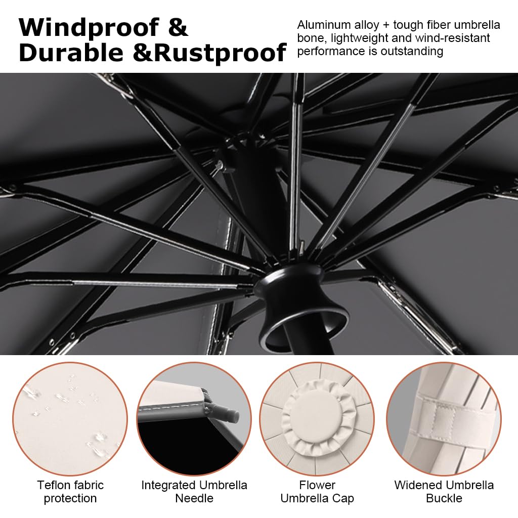PALAY Large Umbrella for Men Women with Reflective Strap, 50'' Automatic Open/Close Windproof Travel Folding Umbrella, Reinforced 10 Dual Ribs, 99 UV Protection Umbrella with Carabiner Handle Design