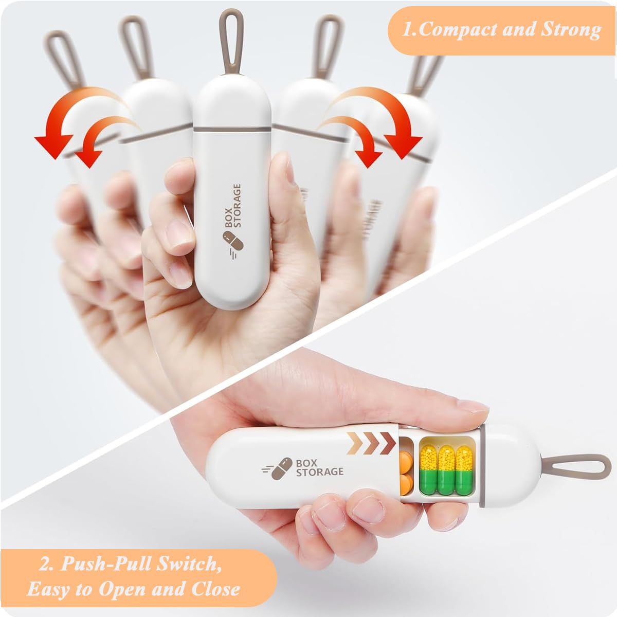 HANNEA Travel Pill Organizer, 3 Compartments Portable Pill Box with Carrying Rope, Daily Pill Box to Hold Vitamins, Small Pill Container for Pocket Purse Medicine Organizer, White