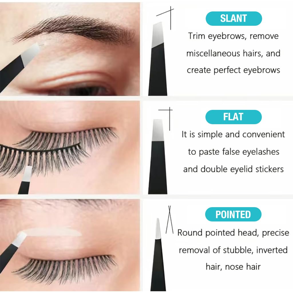 ZIBUYU Stainless Steel Eyebrow Grooming Kit with Storage Pouch Set of 4Pcs Eyebrow Tweezers Slant-Tip/Point-Tip/Flat-Tip Eyebrow Tweezer Set