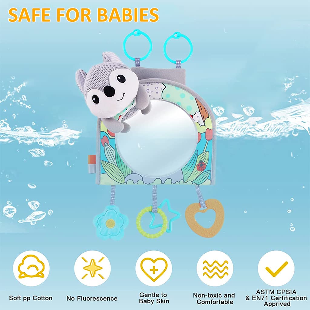 PATPAT Car Seat Toys for Babies, Baby Hanging Mirror Toy, Multifunction Floor Mirror Toy, Newborn Fox Hanging Pram/Carseat/Crib Sensory Travel Activity Toys for Baby 0-12 Months (Grey)
