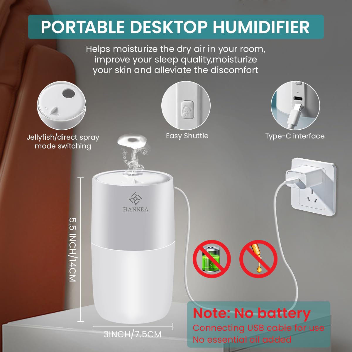 HANNEA Humidifier For Room Cold And Cough, 20Db Silent Jellyfish Spray Air Humidifier 7-Color Light Aroma Diffuser Cool Mist Humidifier With 2 Modes For Bedroom, Living Room, Office, Car, 360 Ml
