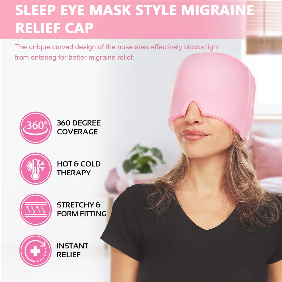 HANNEA Migraine Relief Cap Hat Ice Head Wrap, Double Layer Cool Gel Headache Relief Cap, Hot and Cold Therapy Mask for Tension, Sinus, Puffy Eyes & Stress Relief Gel Cold Compress-Pink