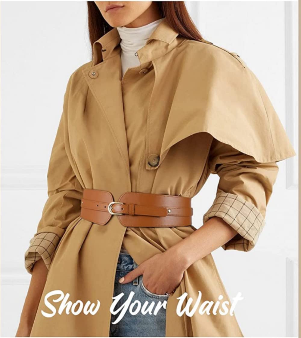 PALAY Fashion PU Width Belt,Women's Metal Buckle Design Belt Interlocking Buckle Vintage Blouse Blazer Dress Belt (Brown,23-33 inches)