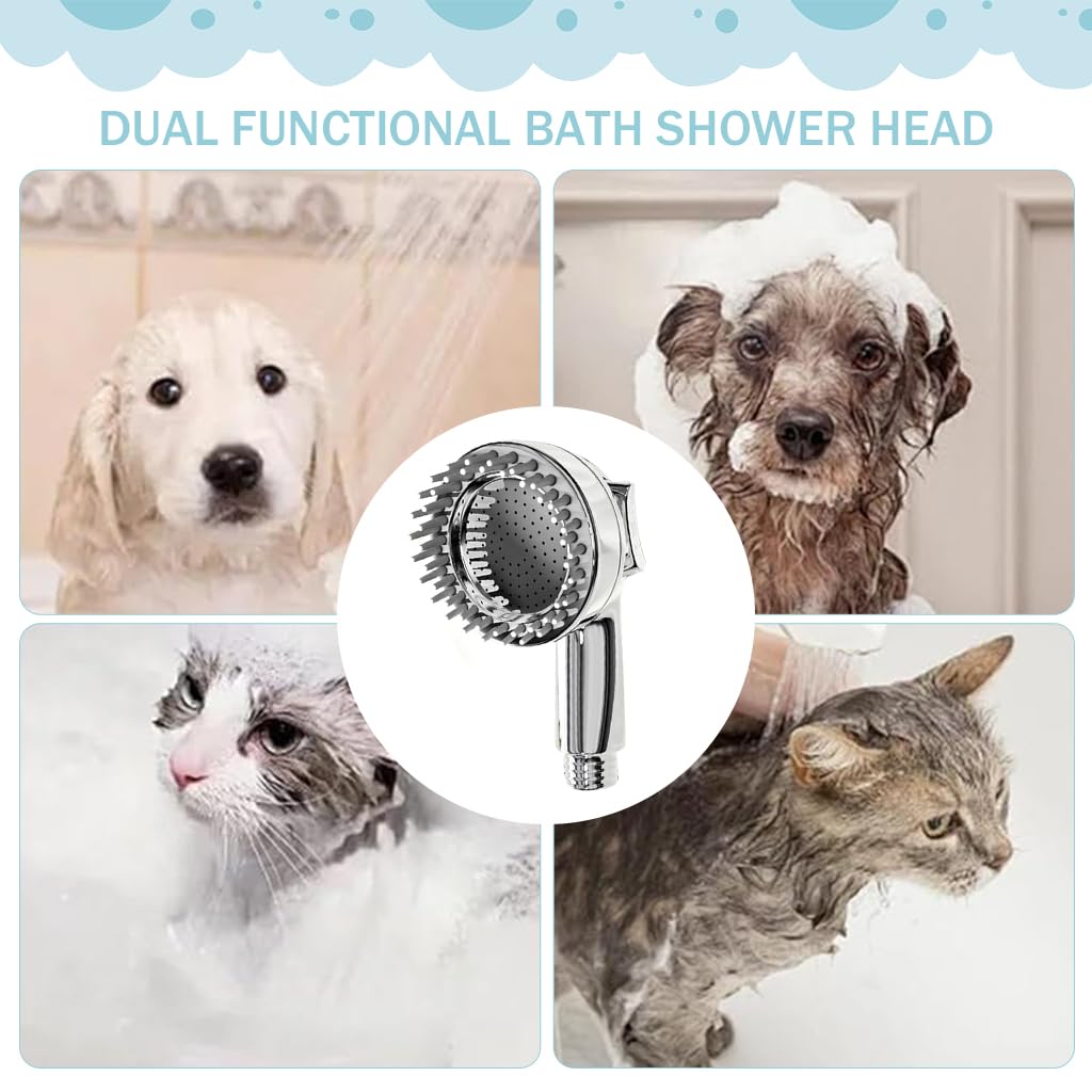 Qpets Pet Shower Head Attachment with Dog Brush, 2 in 1 Grooming Tool Kit for Dogs and Cats, Pet Shower Head for All Breeds and Sizes - Easy Installation & Enhanced Cleaning