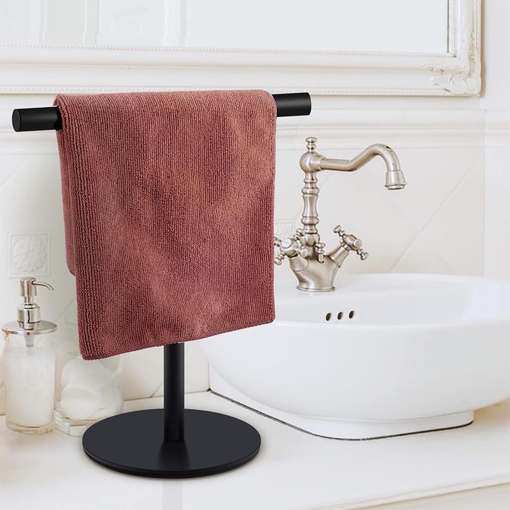 HASTHIP® Towel Rack for Countertop T-bar Towel Rack with Base11.8 inches High Stainless Steel Black Modern Minimalist Bathroom Face Towel Holding Rack Utility Storage Rack for Face Towel, Paper Rolls