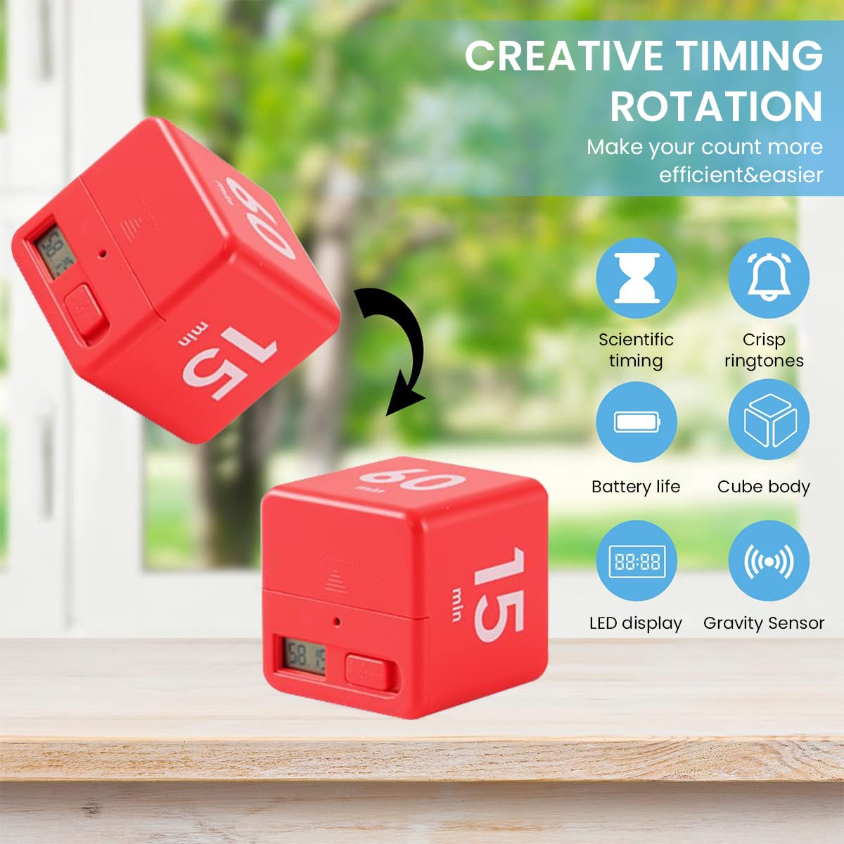 Supvox Digital Cube Timer Mini Desk Timer 2.5'' Red Magic Cube Kitchen Timer 4-Stage Preset Time Settings Fun Study Timer Kitchen Time Battery Operated Adjustable Volume