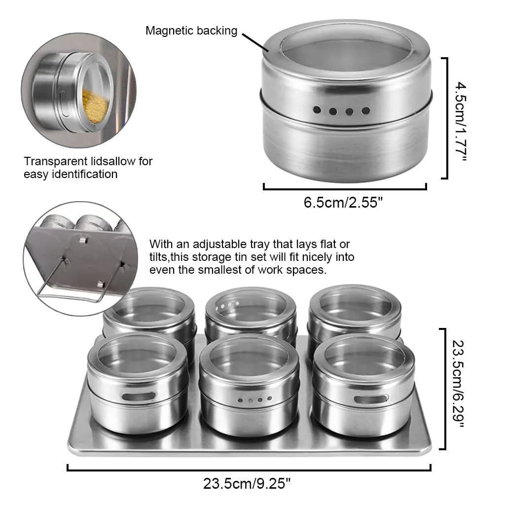 HASTHIP 6Pcs Stainless Steel Spice Box for Kitchen, Masala Box Masala Container with Clear Lid, Seasoning Dispenser for Salt, Pepper, Spices, Herbs, Blends Seasoning Container with Metal Storage Rack
