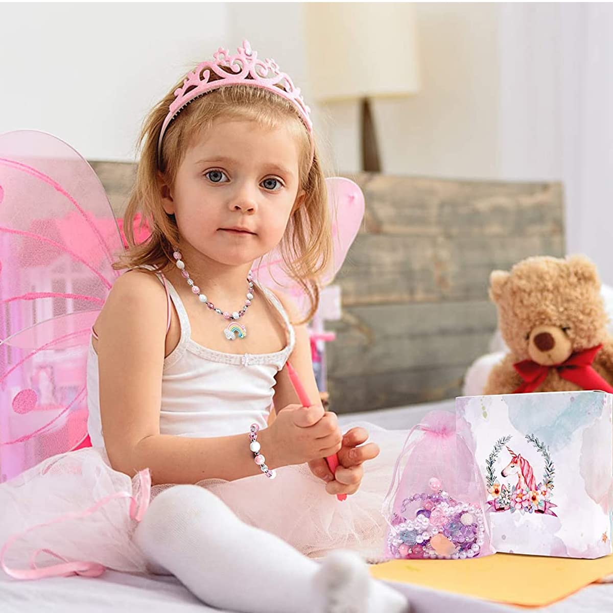 SANNIDHI® Set of 3 Necklace Bracelet Set for Girls Princess, Unicorn Mermaid Rainbow Charms Beads Necklaces Stretchy Chunky Jewelry Kit for Toddlers Kids Dress Up Costume Party
