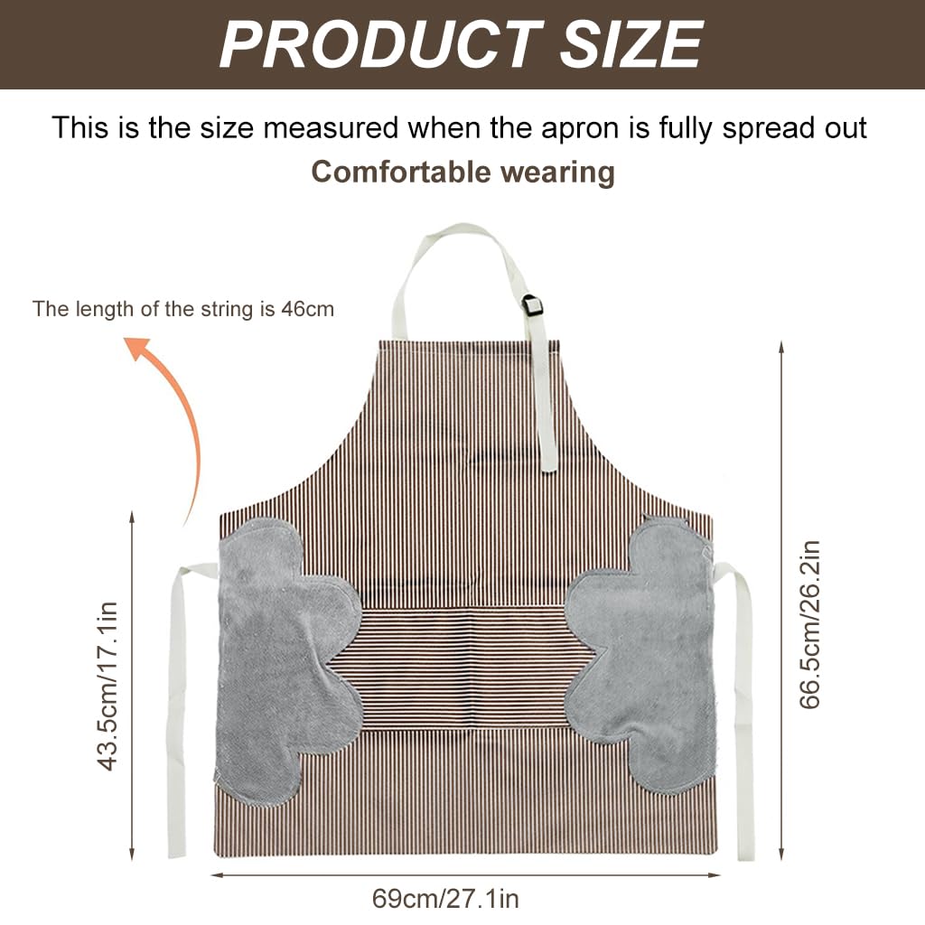 ZIBUYU Kitchen Apron with Pocket Fashion Stripy Apron Oil-proof PVC Cooking Apron with Water Absorbent Coral Plush Patches for Hand Wiping Adjustable Neck Strap Design Women Men Kitchen Apron