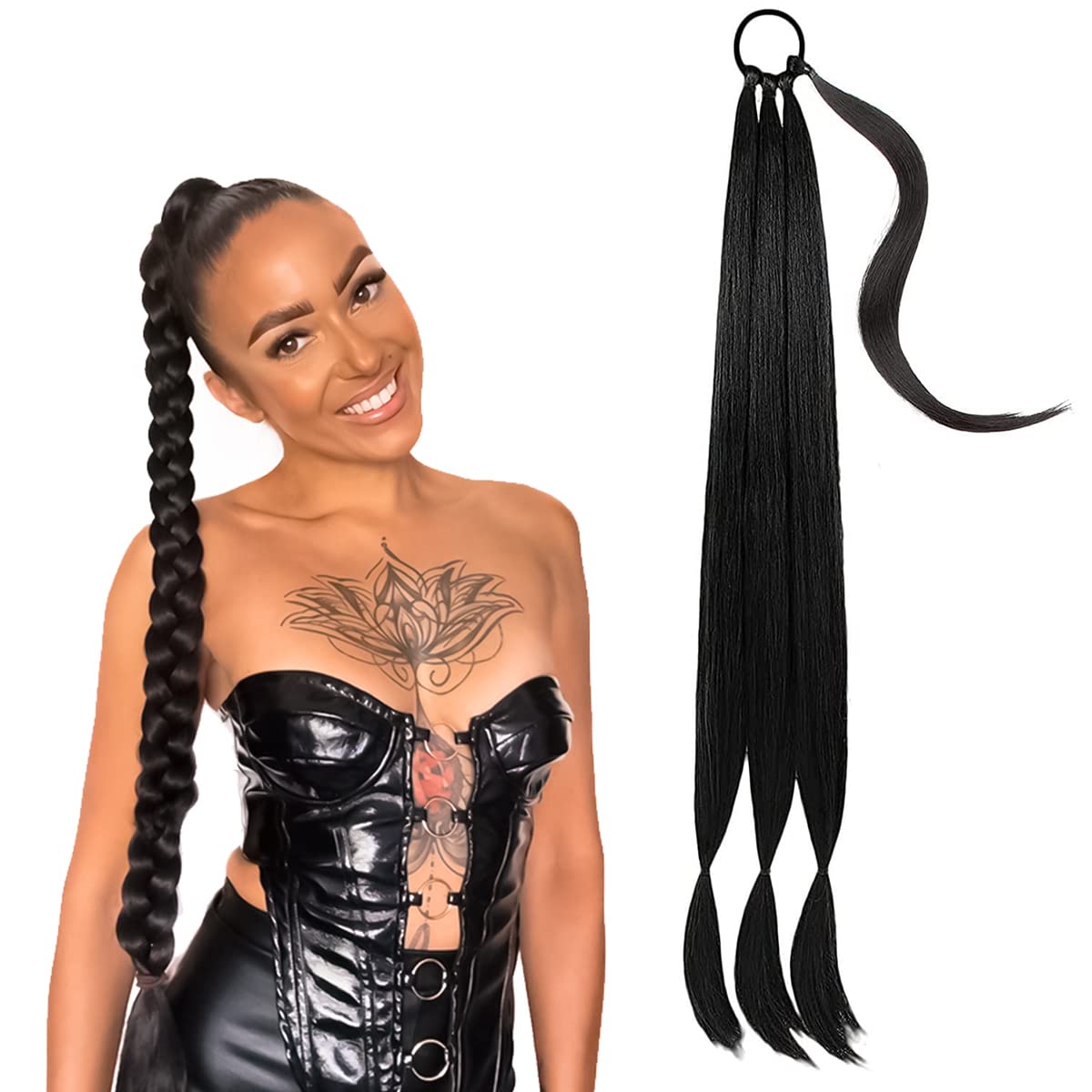 MAYCREATE Ponytail Hair Extension for Women, Long Braided High Ponytail Extension with Rubber Band, Straight Wrap Around Natural Soft Synthetic Hair Piece - 31 Inch, Black