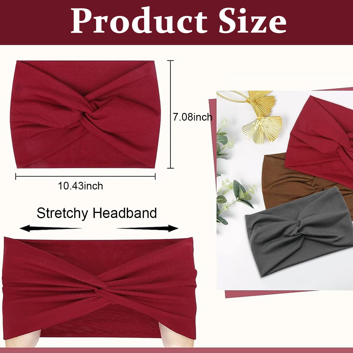 MAYCREATE 3pcs Wide Headband for Women Girls, Stretchy Hairband Hair Bands Twisted Knots Hair Wrap, Soft Dacron Turban Head Bands for Face Clean, Makeup, Yoga, Workout