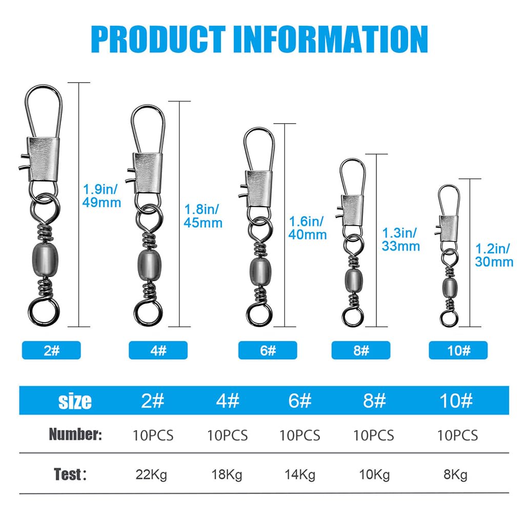 Proberos 50Pcs Fishing Rolling Ball Bearing Barrel Swivel with Safety Snap Connector Fishing Accessories, 5 Sizes