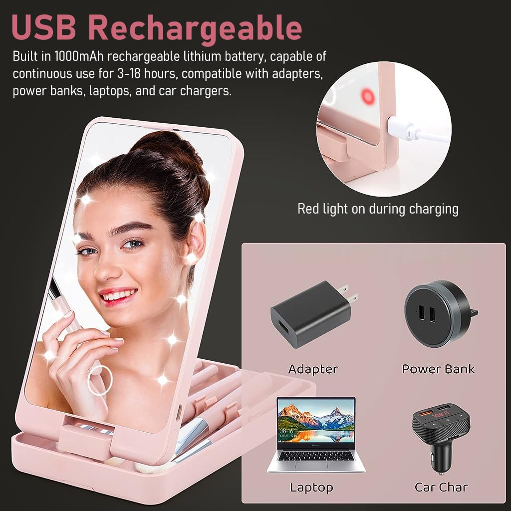 MAYCREATE Vanity Mirror with Light, 2 in 1 Rotatable Personal Beauty Mirror with 5 Makeup Brushes, LED Lights Dimmable Touch Screen Travel Lighted Mirror for Women and Girls