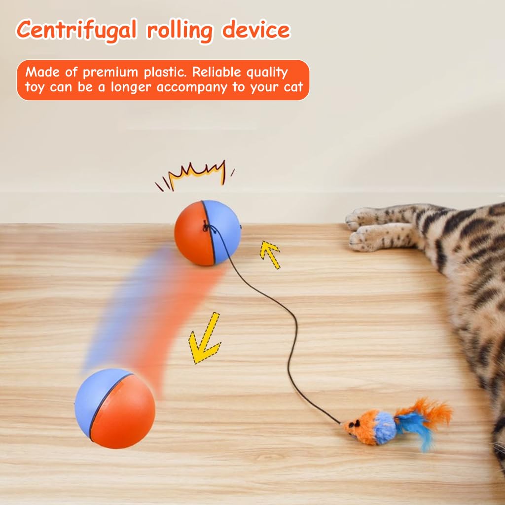 Qpets Cat Ball Toy, Cats Teasing Toy Ball Cat Chasing Chew Ball Toy with Feather Tail, Electric Random Turn Grinding Toy Indoor Self-Entertainment Cat Toy(Not Included Battery)