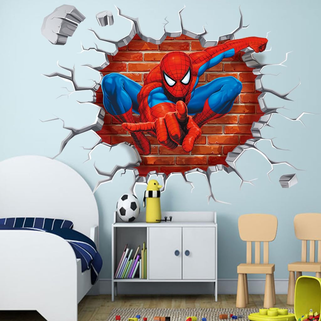 HASTHIP 1 Sheet 3D Wall Paper Sticker Superhero Spiderman 3D Wall Paper Self Adhesive PVC Wall Paper Removable Cartoon 3D Wall Paper for Kids Room, Bed Room, Living Room, 19.6 x19.6 inches