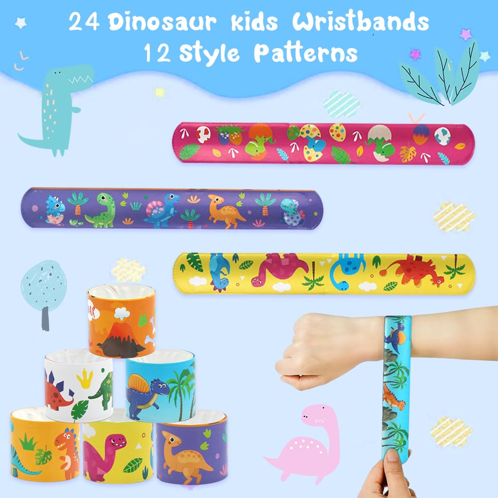 PATPAT 24pcs Kids Snap Bracelets Wrist Loop Dinosaur Wristbands Party Favor Kids Slap Bracelets 8.6 inches Wrist Loop Dinosaur Slap Bracelets for Party, Festival, Event