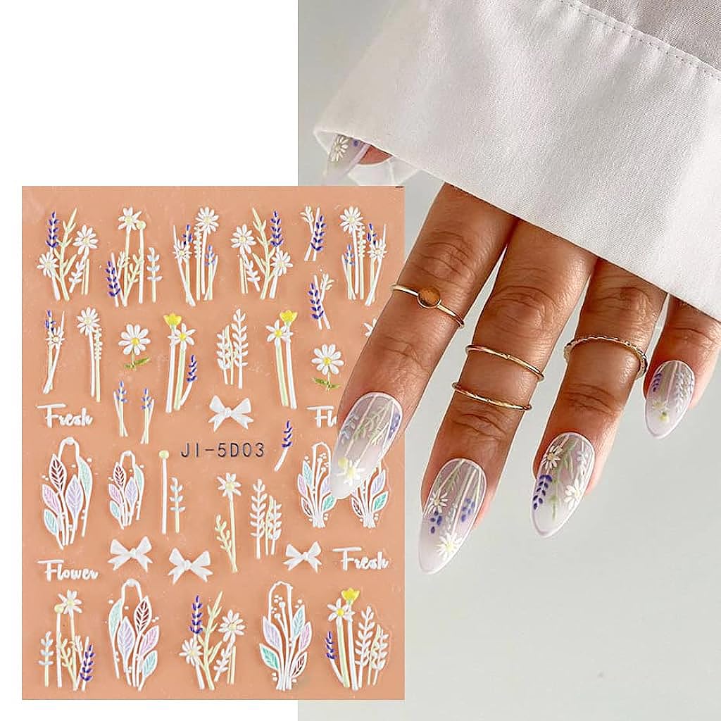 MAYCREATE 5 Sheets Nail Art Decor Stickers 3D Embossed Flower Charms for Nail Art 5 Styles Flower Nail Charm Sticker for DIY Nail Extension Self-Adhesive Nail Art Decals
