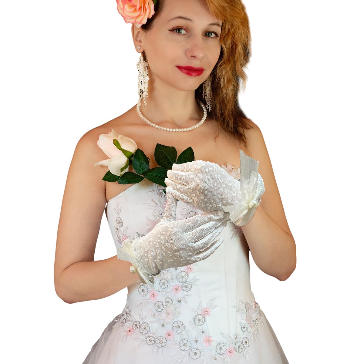 PALAY Wedding Gloves for Bride White Lace Gloves for Women Hand Gloves for Girls White Net Gloves, Elegant Bridal Tulle Gloves Flower Banquet Bowknot Pearl Cuffs White Bridal Wedding Diwali Halloween