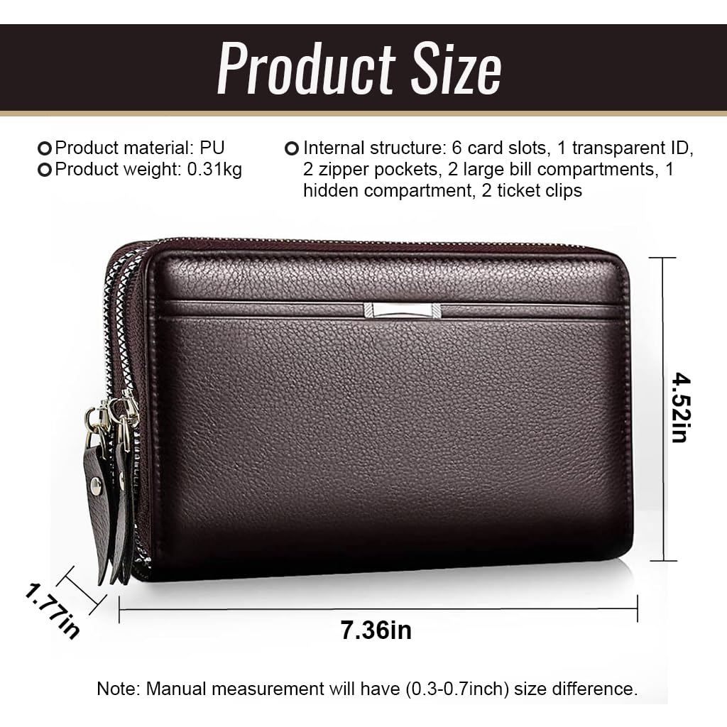 GUSTAVE Men Clutch Bag Fashion PU Leather Wallet Handbag Phone Bag Men Clutch Card Bag with Hand Grip Large Capacity Men's Phone Bag Casual Clutch Bag Father's Day Gift Gift for Men, Brown