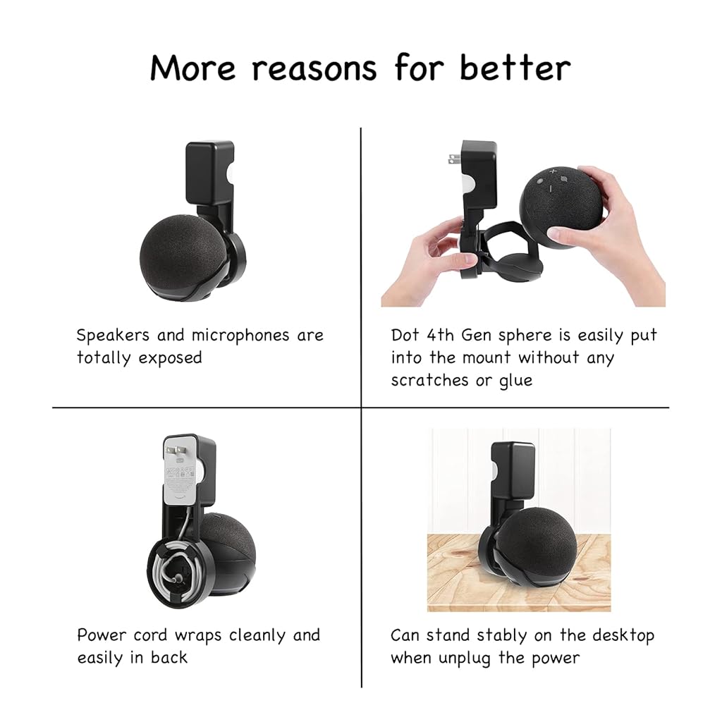 ZORBES Wall Adapter Holder for Alexa Echo Dot 4th Generation,A Space-Saving Solution with Cord Management for Your Smart Home Speakers - Black