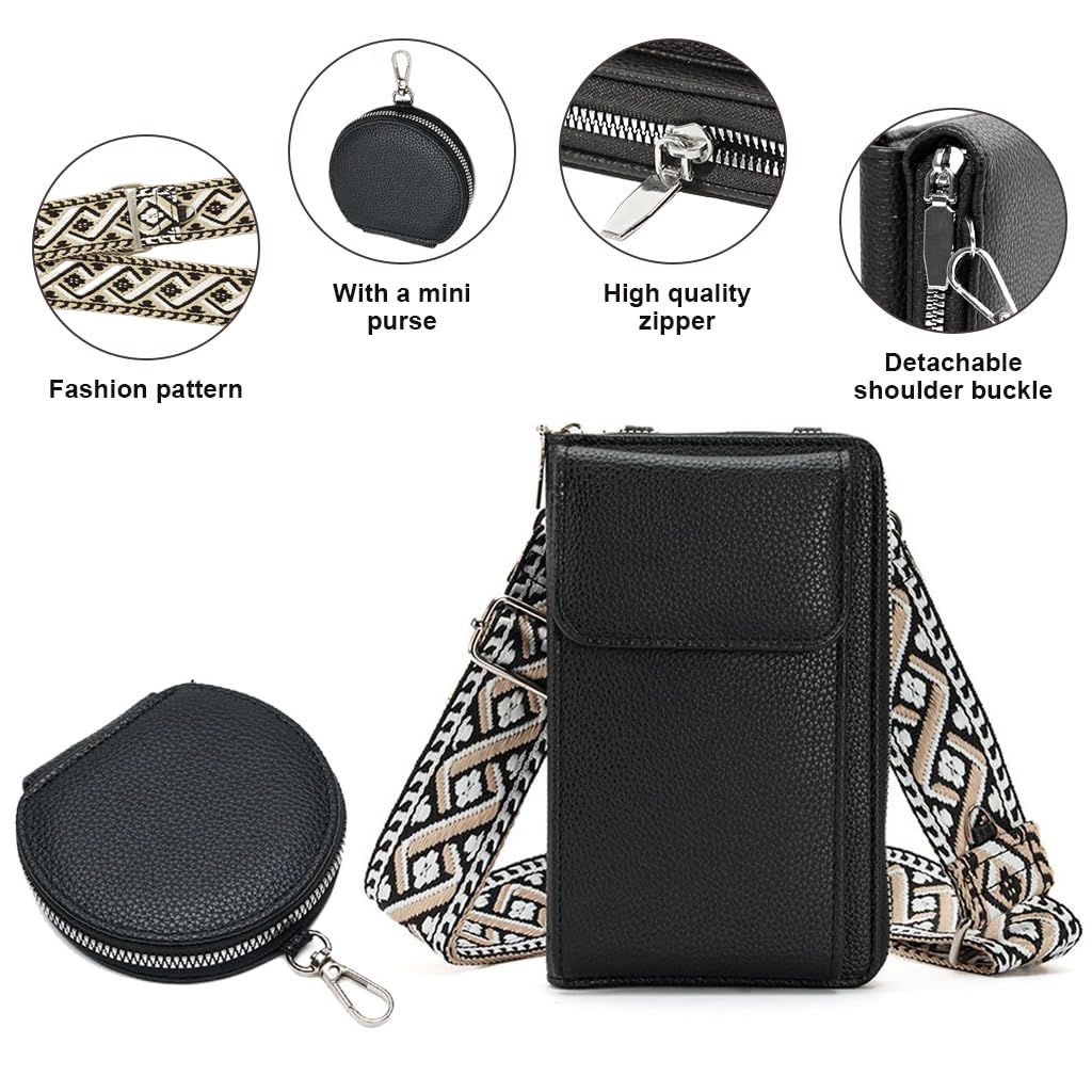 PALAY Women Purse Sling Bag Set of 2Pcs Phone Bag Coin Bag Combo Fashion PU Shoulder Bag with Boho Shoulder Strap Crossbody Bag Phone Bag Sling Bag Wide Shoulder Strap Sling Phone Bag Purse Bag