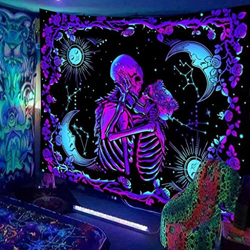 HASTHIP® UV Luminous Skull Tapestry Reactive Glow in The Dark Kissing Lovers Skeleton Wall Art for Bedroom Living Room Hanging Decor 51inch x 59inch Polyester 2PCS