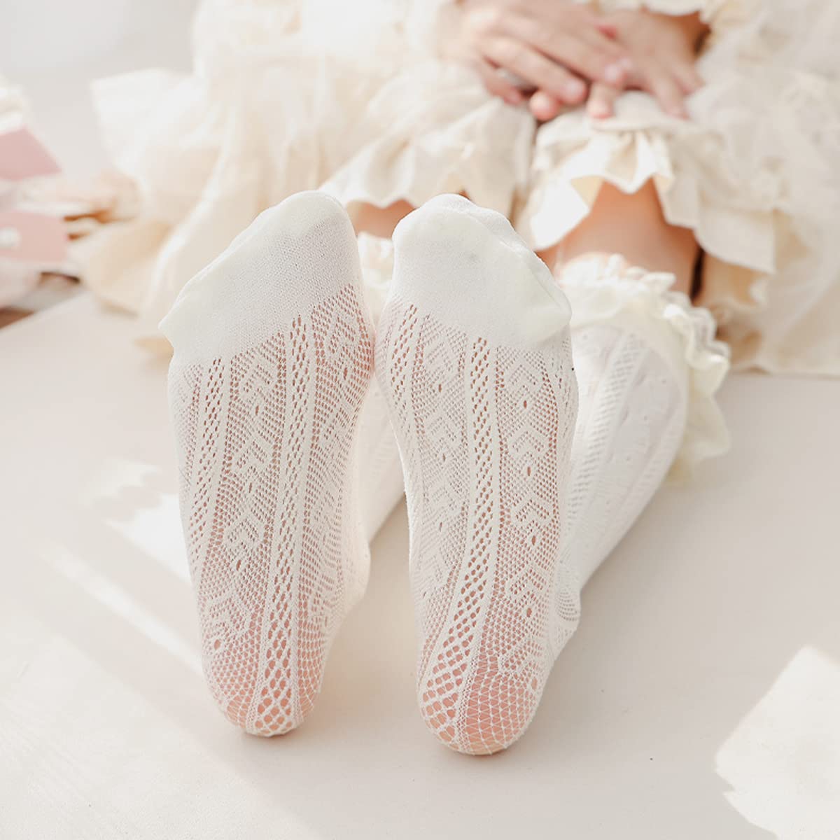 PALAY Lolita Lace Socks for Girls Teens Fishnet Over Knee High Socks Hollow Out Stockings Long Loose Socks for Mary Jane Shoes, Lolita Dress, Uniforms (1 Pair, White)