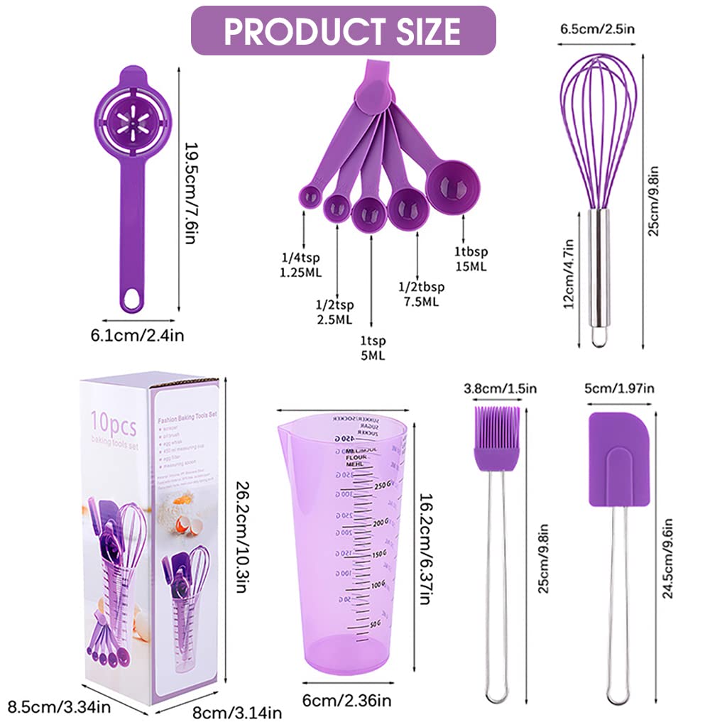 HASTHIP 10Pcs Measuring Spoons Cups Silicone Kitchen Utensils Spoon Set, Include Egg Strainer, Oil Brush, Scraper, Egg Beater, Silicone Cooking & Baking Tool, BPA-Free, Dishwasher Safe (Purple)