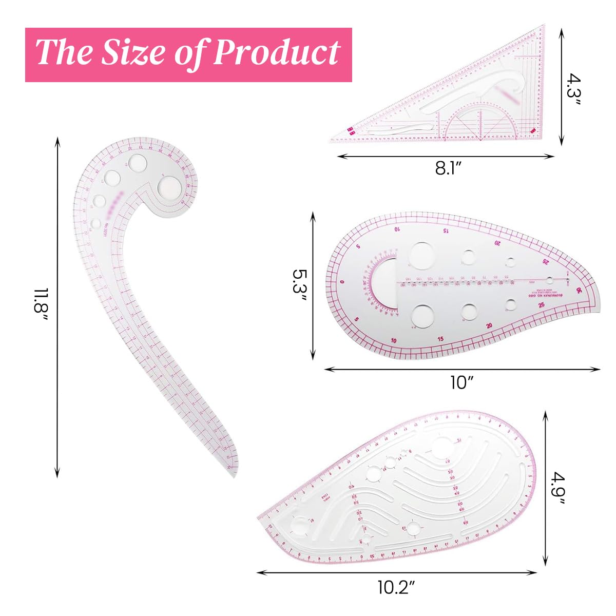 HASTHIP Metric Sewing Ruler, 4 Style Fashion Clear Metric Sewing Ruler Set, French Curve Pattern Ruler Kit for Designers, Tailors, DIY Sewing