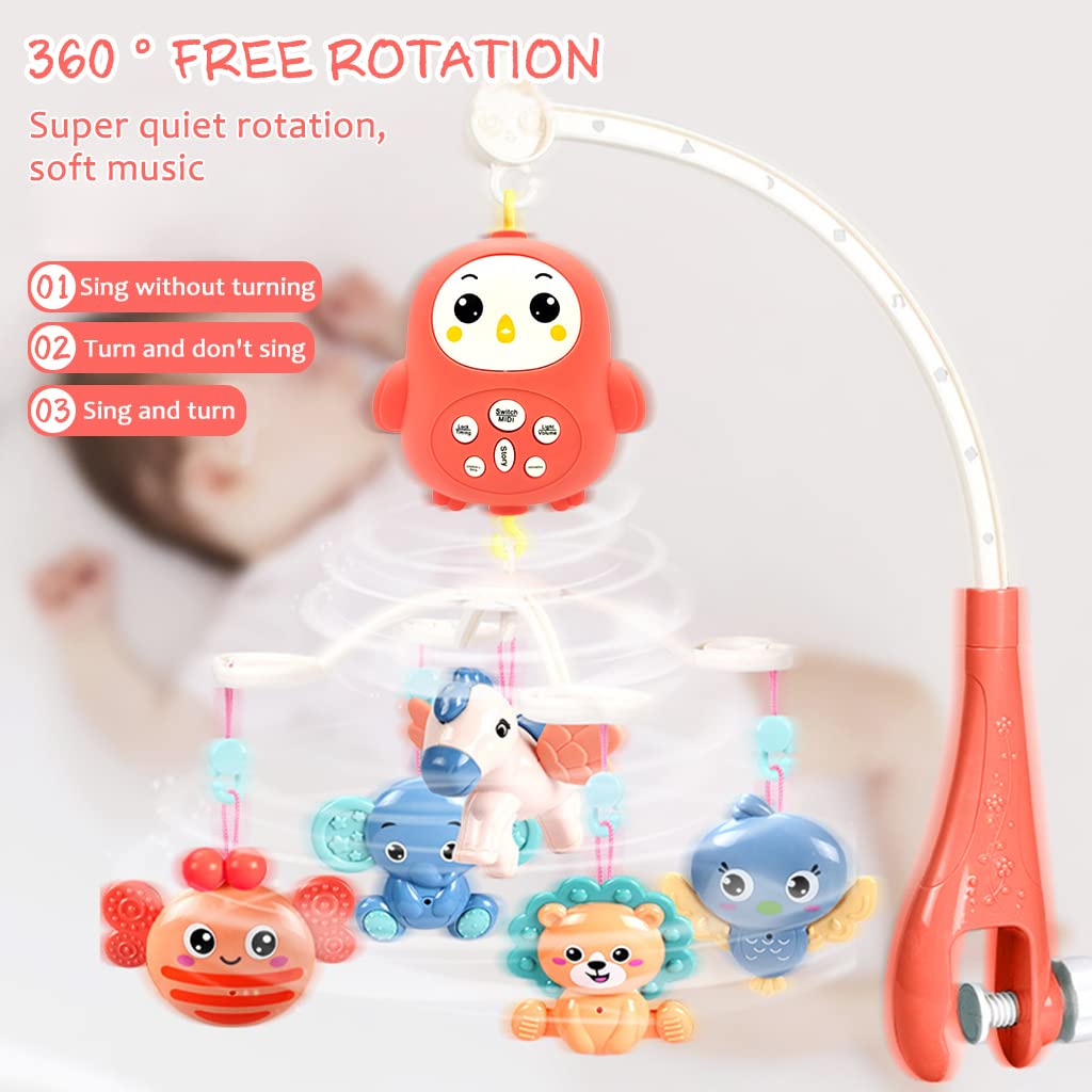 PATPAT Hanging Toys for Babies 0-6 Months Cot Mobile Musical Toys New Born Baby Toys Electric Rotation Crib Hanging Toy with Lullabies, Timing, Night Light Crib Mobile for Boys Girls 3-6 Months (Red)