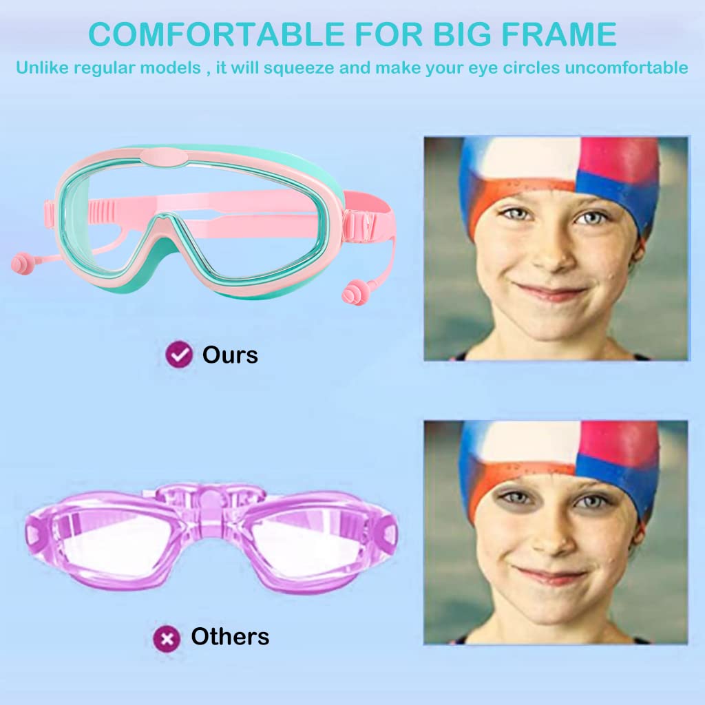 Proberos Swimming Goggles for Kids with Ear Plugs, Big Frame Leakproof Swimming Goggles for Children Kids, Professional Swim Goggles with Anti Fog and UV Protection for Boys Girls for Age 2-16(Pink)