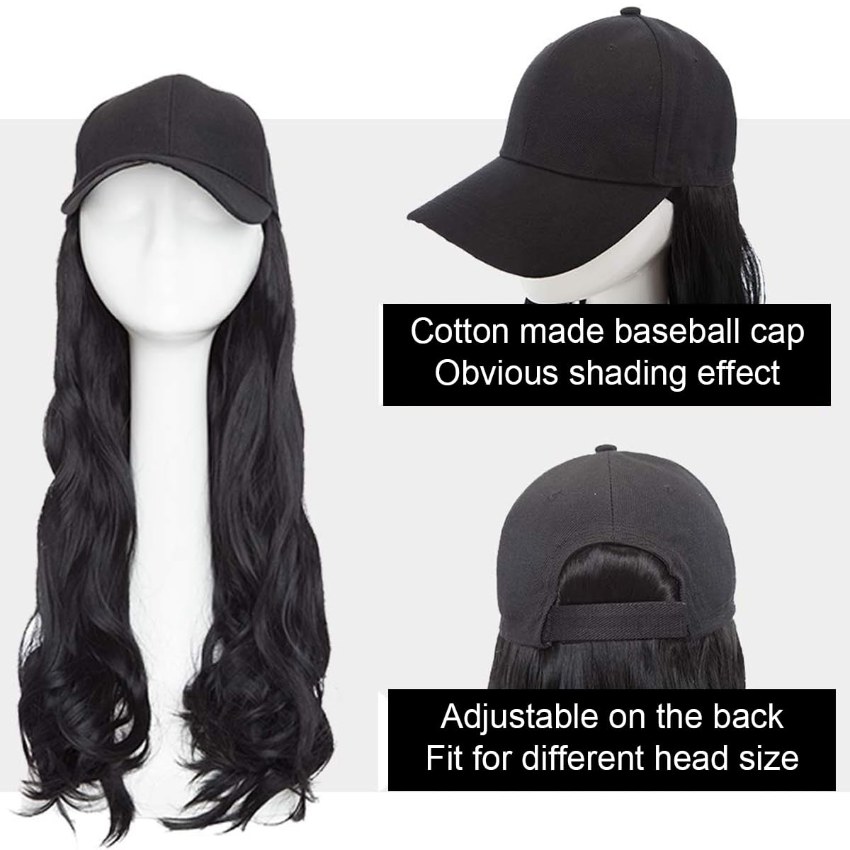 MAYCREATE Baseball Cap with Hair Extensions for Women, Adjustable Wavy Hair Wig Cap for Girls, Black K-pop Style Hat with 24in Long Synthetic Wig Attached