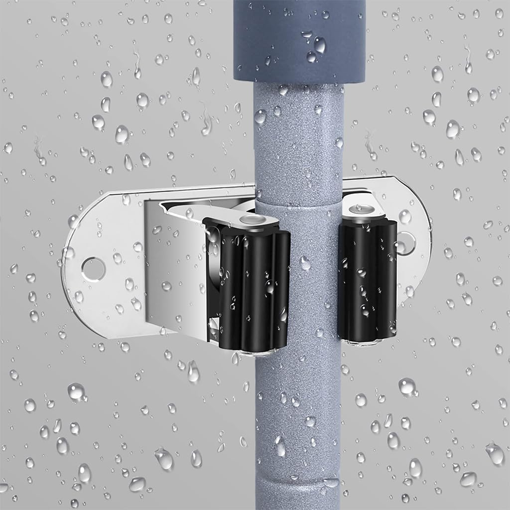 ZIBUYU 4Pcs Wall Mount Broom Rack Bathroom Mop Holder Organizer Stainless Steel Nail-free Wall Broom Holder Rack for Mop, Broom Long Handle Cleaning Tool Organizer Holder