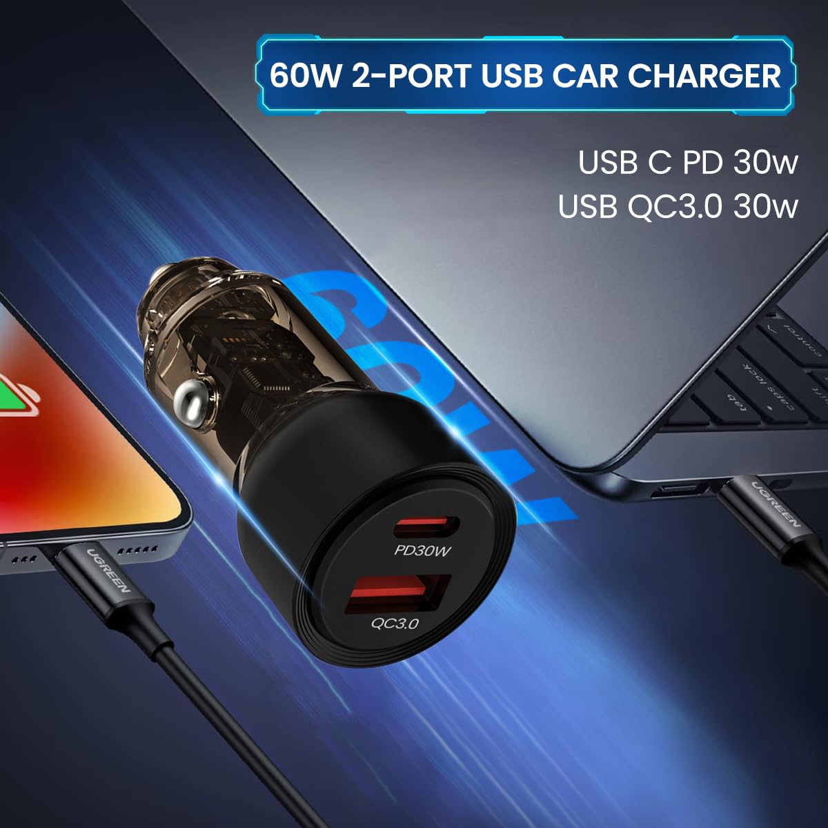 STHIRA 60W Car Charger Fast Charging with 30W PD Port & 30W USB QC3.0, Dual Output 24V/ 12V Car Charger Adapter Car Mobile Phone Charger for iPhone 13 12 11 Samsung Galaxy S21 Note 20 MacBook (1PCS)