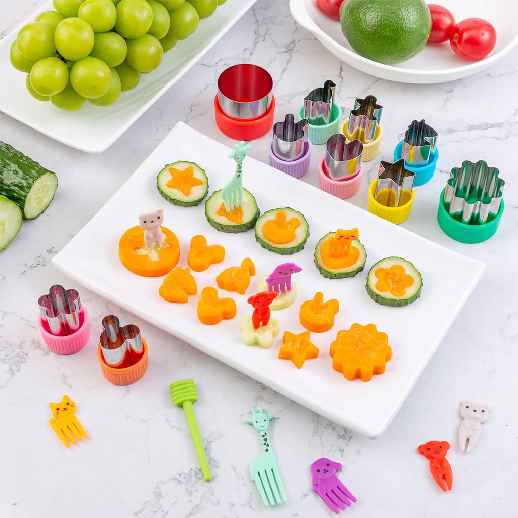 HASTHIP 24Pcs Cookie Cutter Shapes Set with Fruit Fork Stainless Steel Press Fruit Cutter Shapes Cookie Cutter Shapes Cartoon Biscuit Mold Easter Biscuit Mold DIY Baking Essentials Supplies