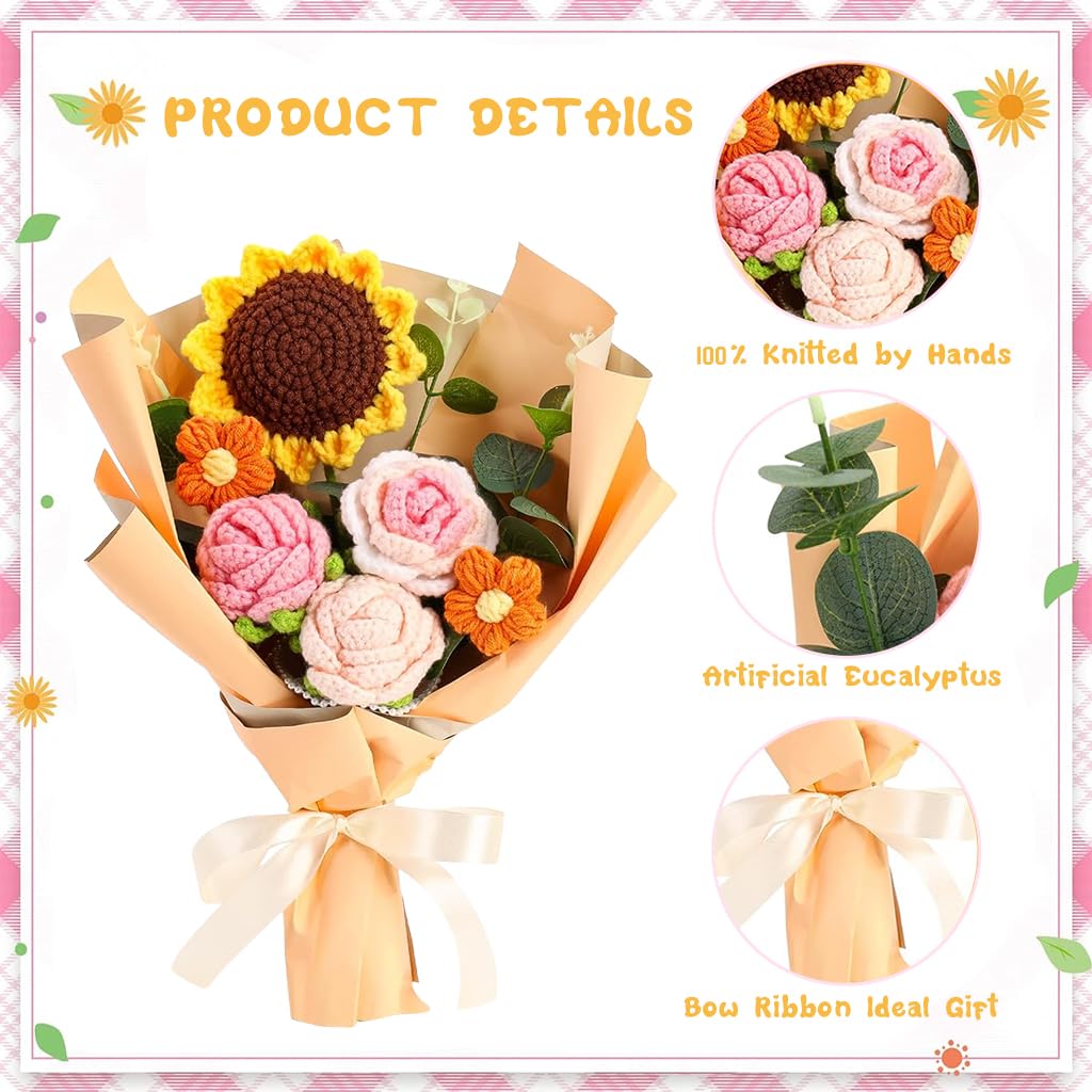 HASTHIP Crochet Flowers Bouquet Completed Handmade Crochet Sunflower Roses Desk Decorative Flower Bouquet Box Packed Handmade Corchet Flower Bouquet Gift for Mother, Mother's Day Gift