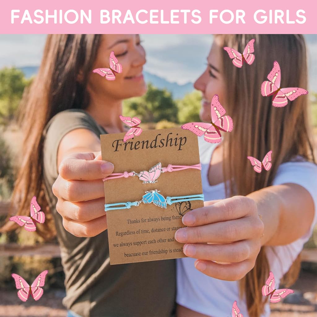 ZIBUYU Friendship Bracelets Butterfly Charm Bracelets Adjustable Rope Bracelets for Girls BFF Bracelets Fashion Pink & Blue Friendship Bracelets Jewelry Gifts for Girls, Friends, Sisters