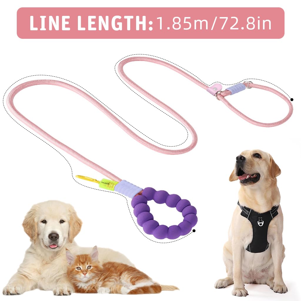 Qpets 5ft Dog Leash with 360 Degree Swiveling Alloy Attachment Buckle Nylon Woven Dog Leash No Pull Dog Leash with Soft Padded Handle & Extra Attaching Carabiner, Pink
