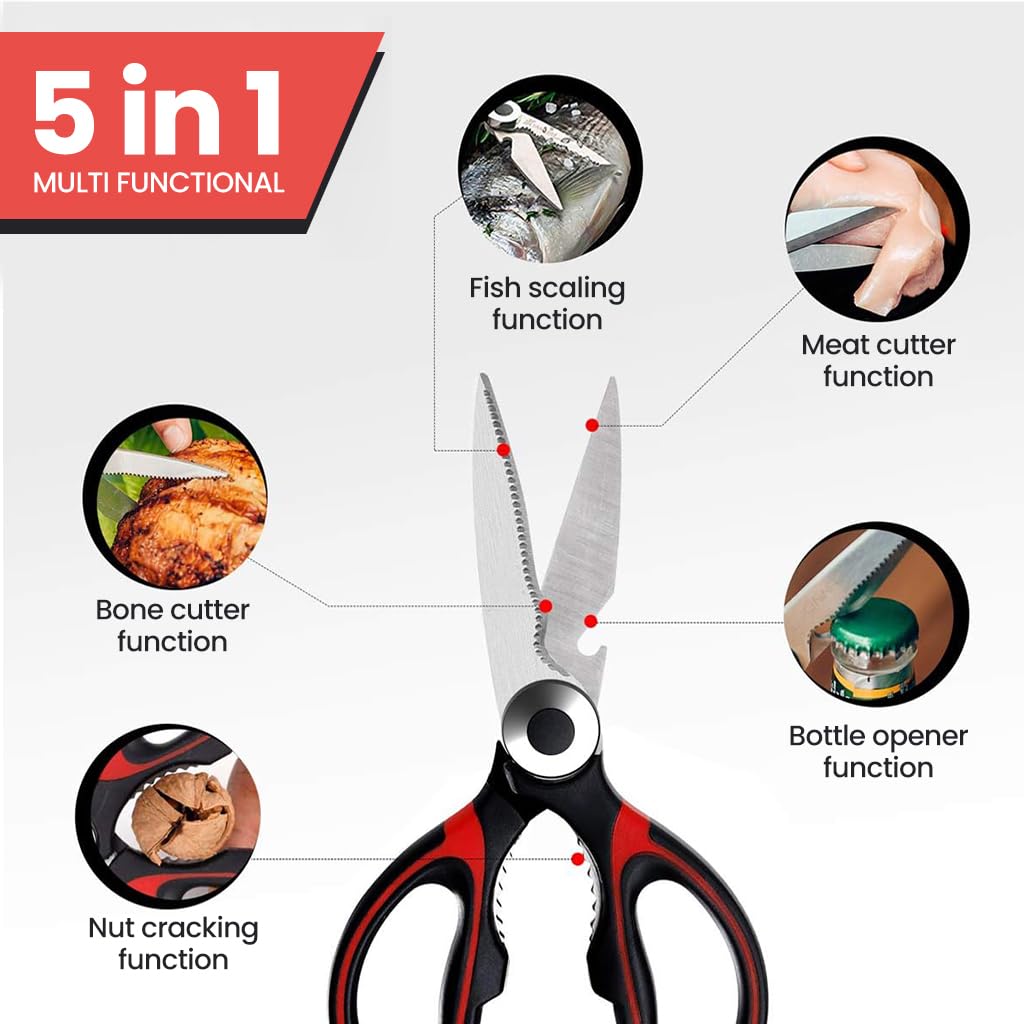 ZORBES® Kitchen Scissors with Sheath, Stainless Steel Kitchen Scissor Culinary Shears Fish Scaler Nutcracker Bottle Opener Kitchen Utility Shears for Meat, Herbs, Vegetables, Small Bones