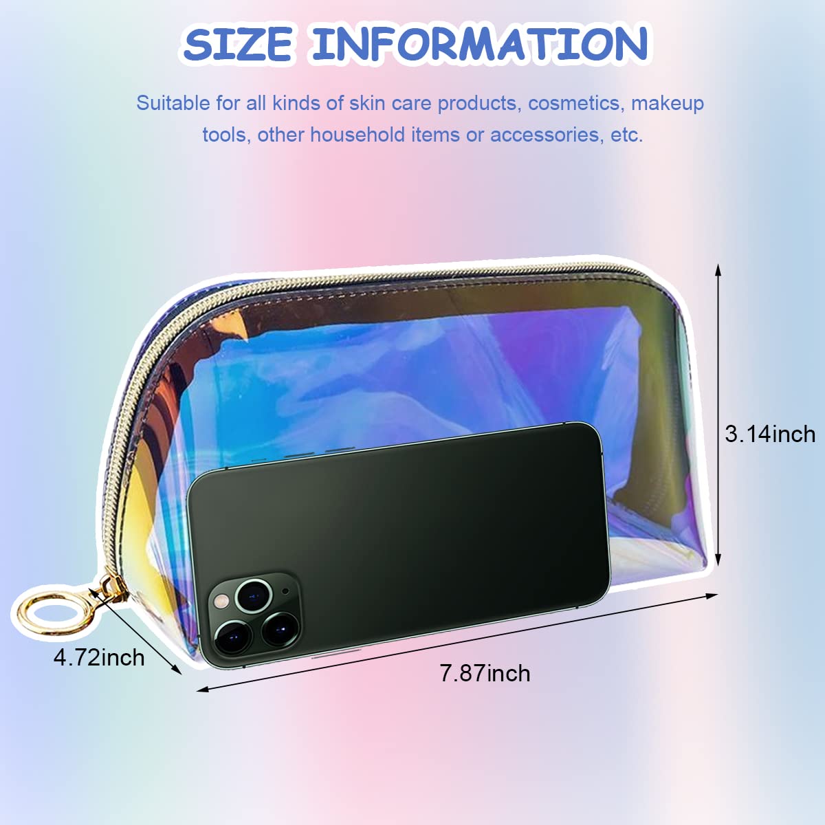 MAYCREATE Cosmetic Bag Zipper Makeup Pouch TPU, Semi-Transparent Holographic Travel Toiletry Bag Makeup Organizer Bag Cosmetic Storage Bag, Multi-Use Pencil Pouch for Girls