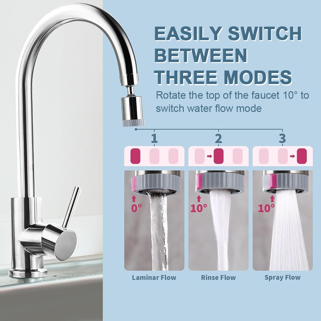 HASTHIP Faucet Extender for Taps, 3 Flow Mode Faucet Aerator 360° Swivel Faucet Extension Kitchen Sink Faucet Sprayer Attachment with 55/64 inch Female Thread, Included 15/16 inch Male Faucet Adapter