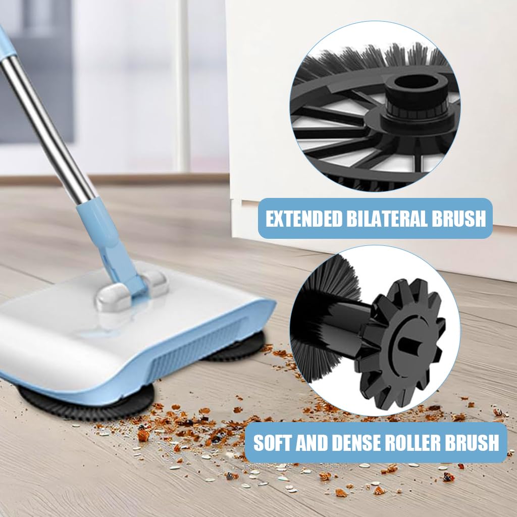 HASTHIP Manual Floor Sweeper & Mop, 2 in 1 Non-Electric Hand-Push Vacuum with 180° Spiral Dual Brushes, Sweeping Mop Crumb Sweeper for Carpet Floor Clean (Blue)