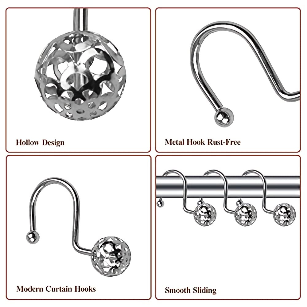 HASTHIP 12 Pack Silver Shower Curtain Hooks Rings, Metal Rustproof Shower Hangers Rings, Household Shower Curtain Hooks for Bathroom Curtains Rods Hollow Ball Design