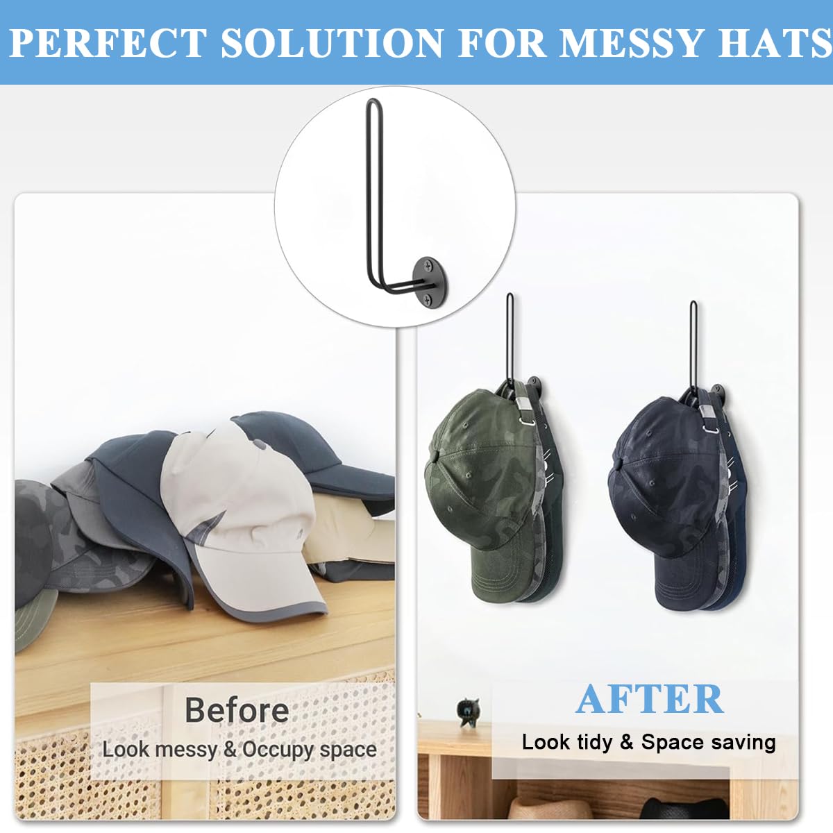 HASTHIP Wall Hat Organizer L-shaped Baseball Caps Holder Screw-mounted Hat Organizer for 10 Caps Minimalism Metal Cap Holder for Door, Closet, Bedroom